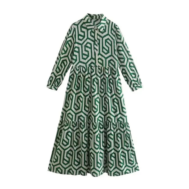 Soft Midi Dress with V-Neck and Geometric Print for Women