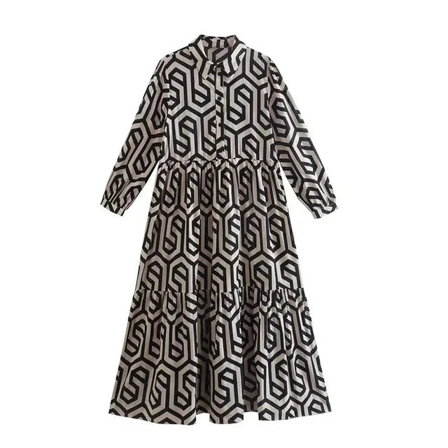 Soft Midi Dress with V-Neck and Geometric Print for Women