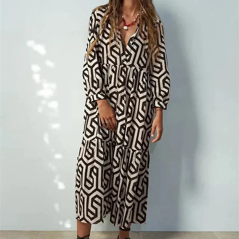 Soft Midi Dress with V-Neck and Geometric Print for Women