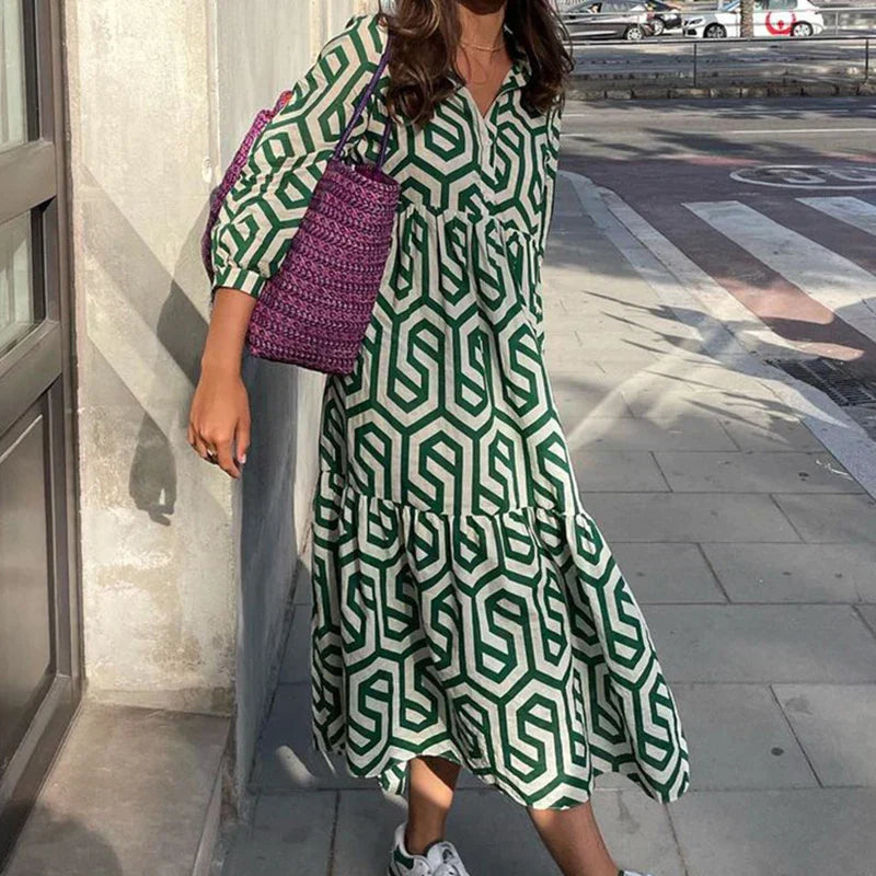 Soft Midi Dress with V-Neck and Geometric Print for Women