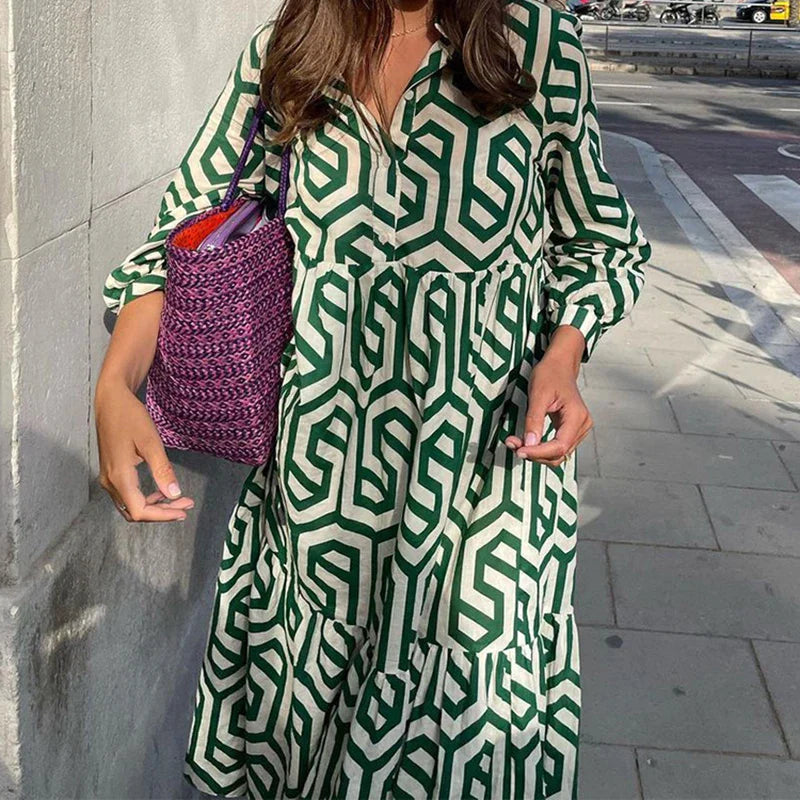 Soft Midi Dress with V-Neck and Geometric Print for Women