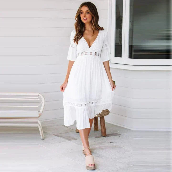 Boho Summer Midi Dress with V-Neck for Women