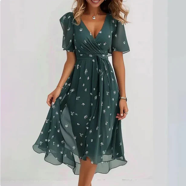 Flowy Midi Wrap Dress for Women – V-Neck Style