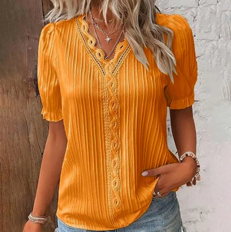 Textured V-Neck Blouse with Short Sleeves for Women