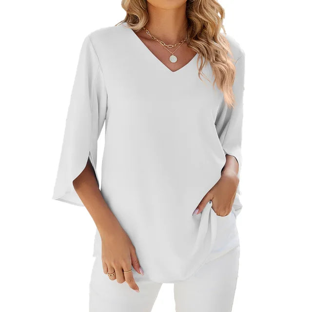 Breathable Summer Blouse for Women – V-Neck & 3/4 Sleeve