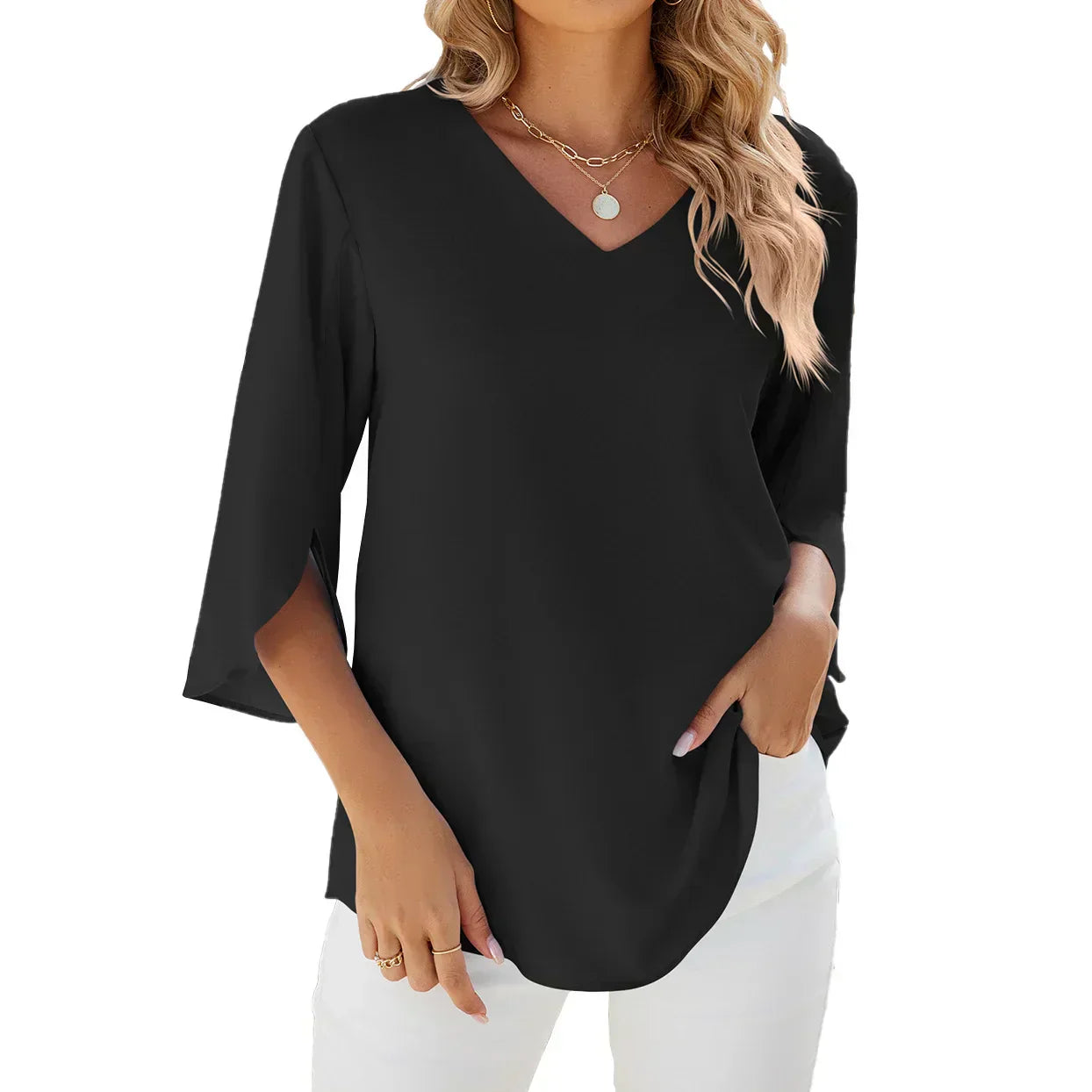 Breathable Summer Blouse for Women – V-Neck & 3/4 Sleeve