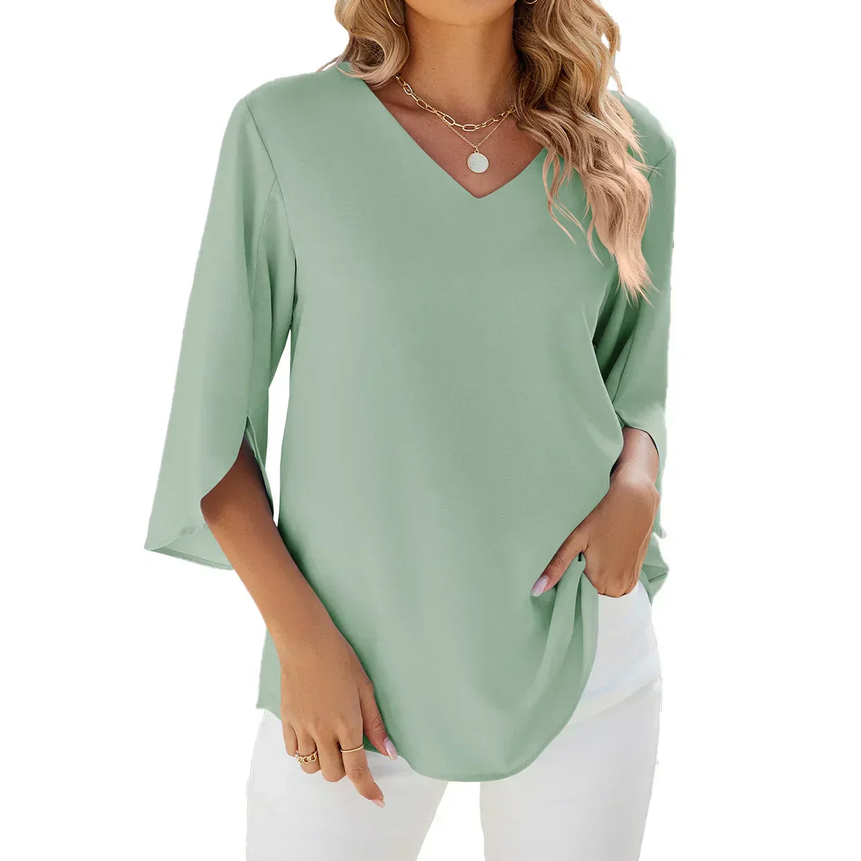 Breathable Summer Blouse for Women – V-Neck & 3/4 Sleeve