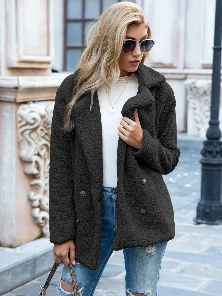 Women’s Teddy Coat with Double Breasted Front and Lapel Collar