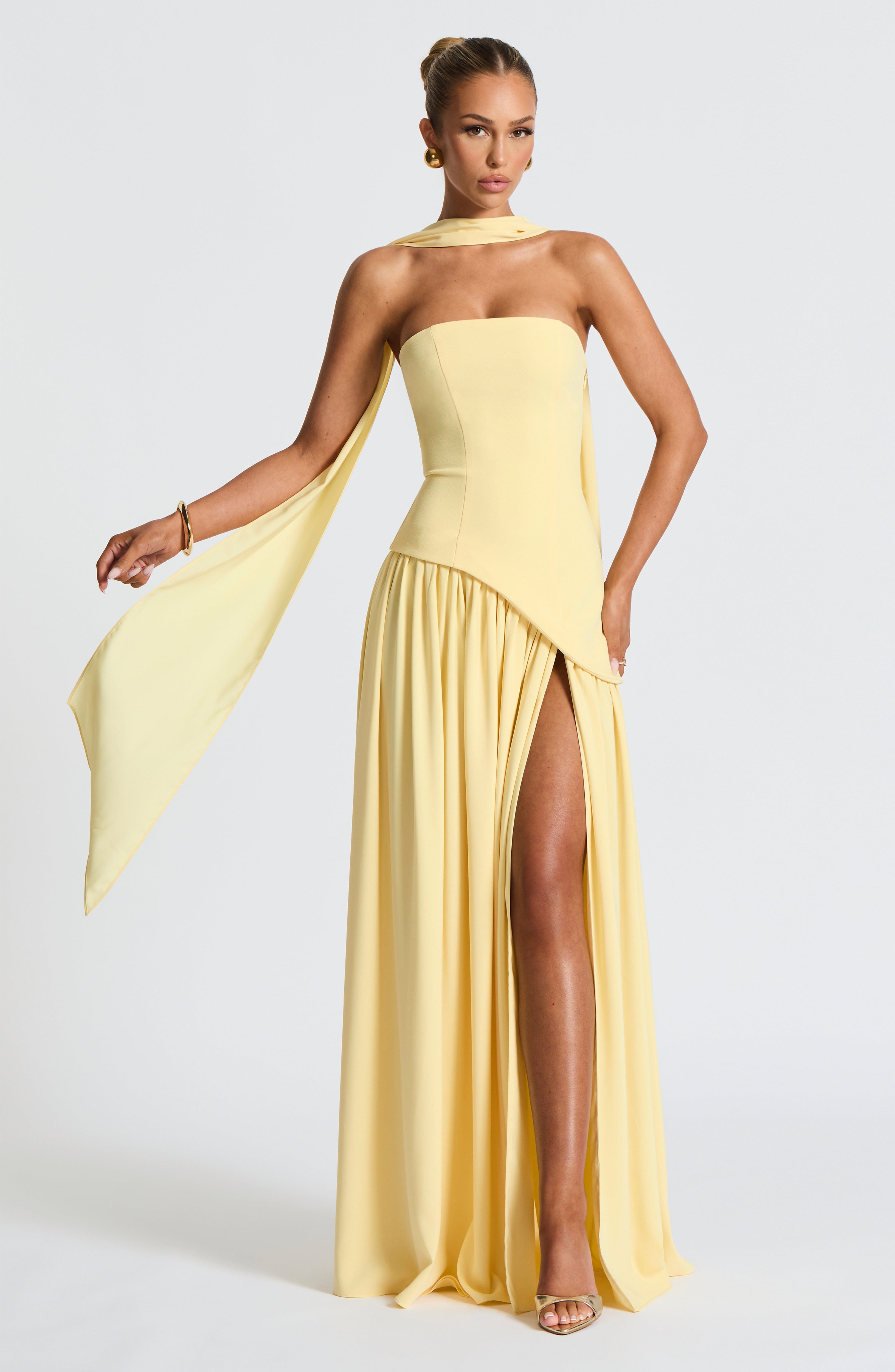 Lemon Yellow Maxi Dress with Side Slit for Women - Annamaria