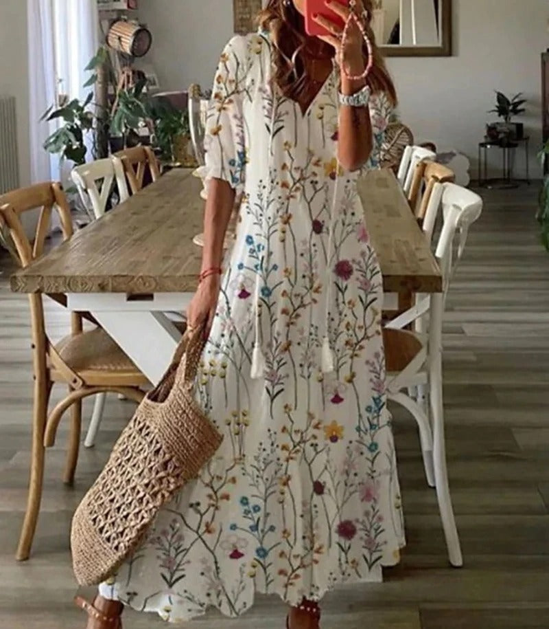 Boho Style Midi Dress with Half Sleeves for Women