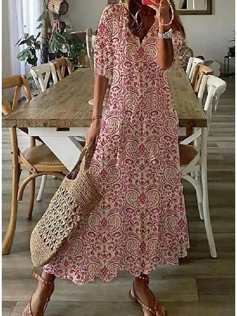 Boho Style Midi Dress with Half Sleeves for Women