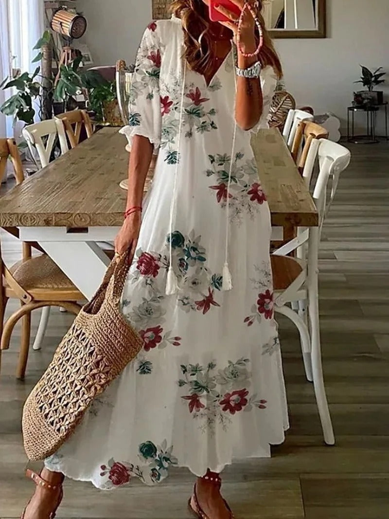 Boho Style Midi Dress with Half Sleeves for Women