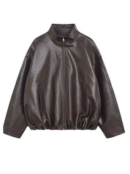 Women's Zip Up Leather Jacket | High Neck