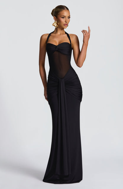 Black Maxi Dress with Halter Neck for Women - Vera