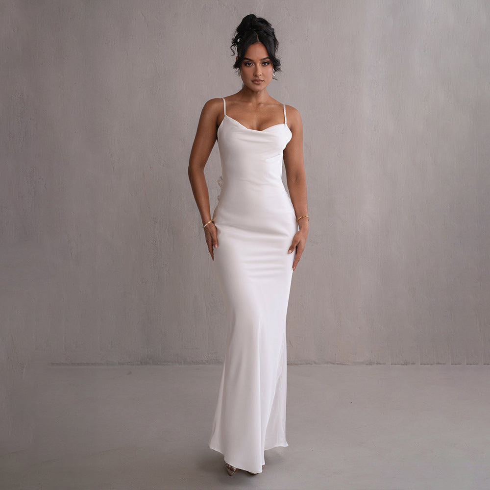 Women’s Satin Evening Prom Gown with Backless Floral Appliqué