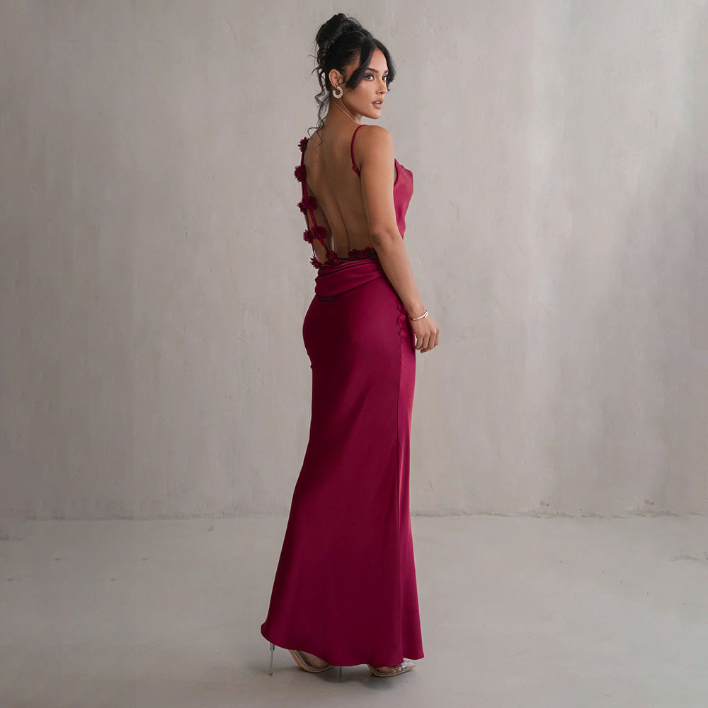 Women’s Satin Evening Prom Gown with Backless Floral Appliqué